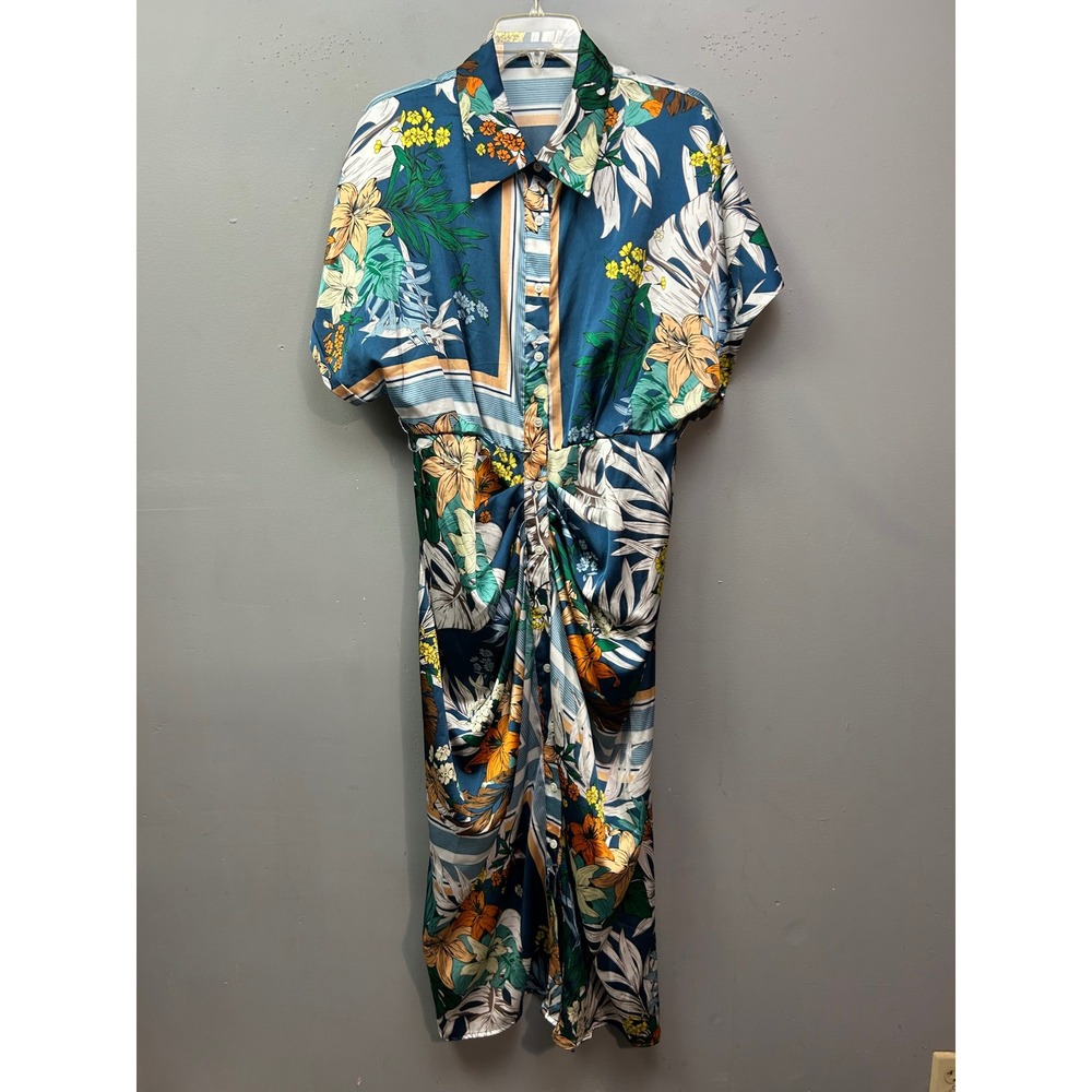 Emery Rose Dress Womens L Blue Floral Button Front Ruched Waist Midi Shirt Dress